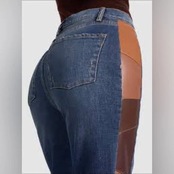 Alice + Olivia Faux Leather Patchwork High Rise Blue Flare Jeans - Picture 2 of 9